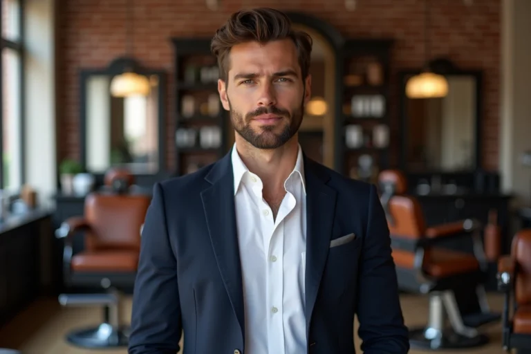 Homme moderne bien habillé dans un salon de coiffure urbain, illustrant les tendances masculines contemporaines