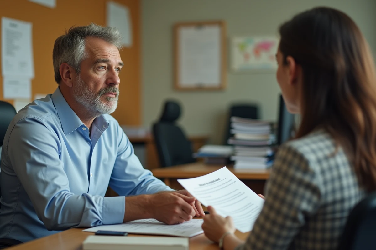 Homme d age moyen remettant un formulaire dans un bureau scolaire