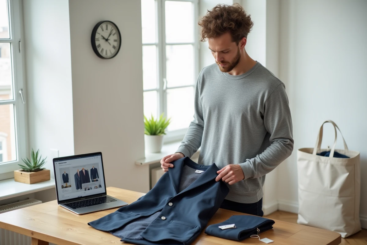 Homme préparant un renvoi de vêtements loués dans un appartement minimaliste, illustrant la mode circulaire
