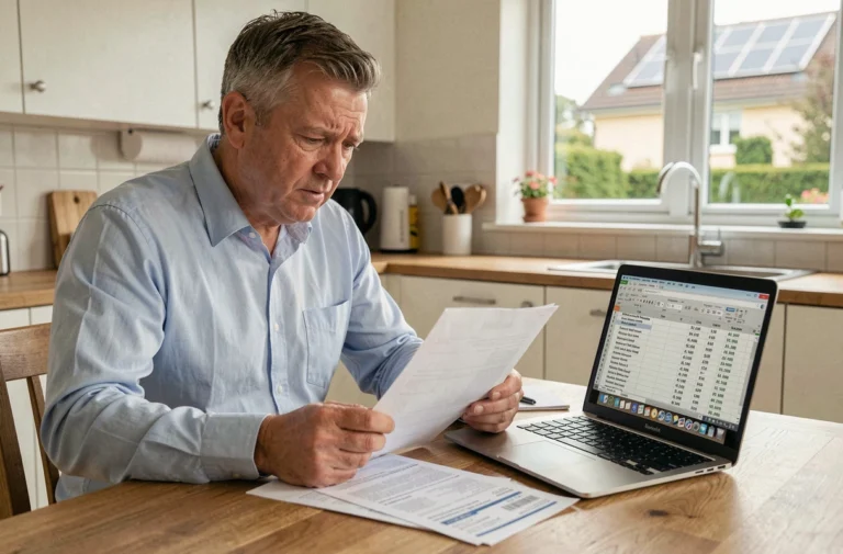 Propriétaire consultant ses documents fiscaux liés à la revente d'électricité solaire à domicile