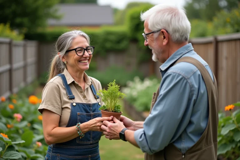 Femme en vêtements de jardinage offrant une plante à un voisin âgé