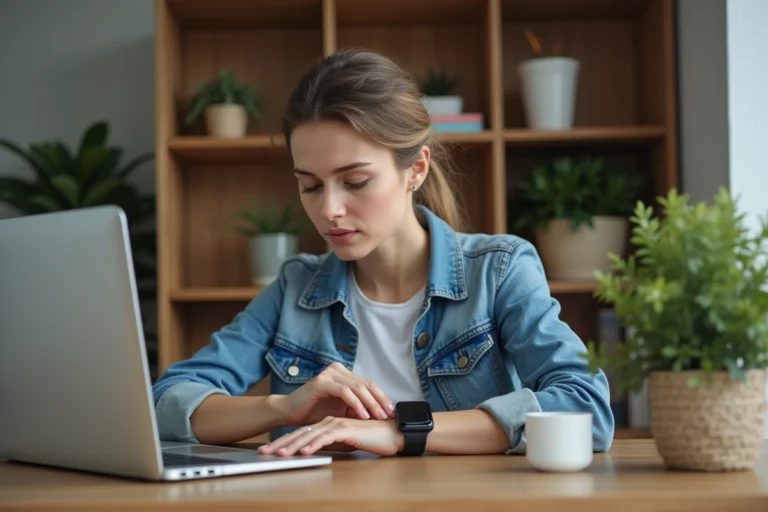 Jeune femme testant une smartwatch dans un bureau moderne
