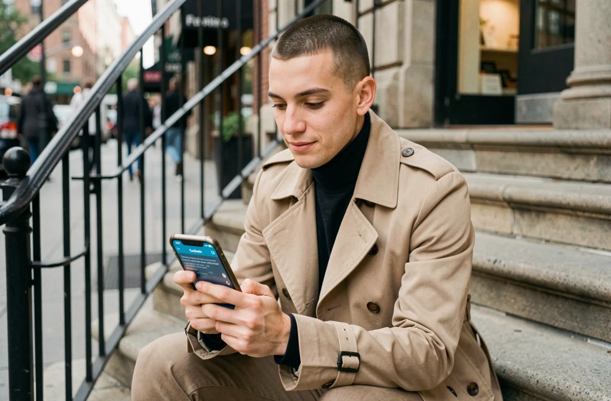 Jeune professionnel consultant une application de coaching de carrière en milieu urbain pour trouver des alternatives innovantes à sa recherche d'emploi