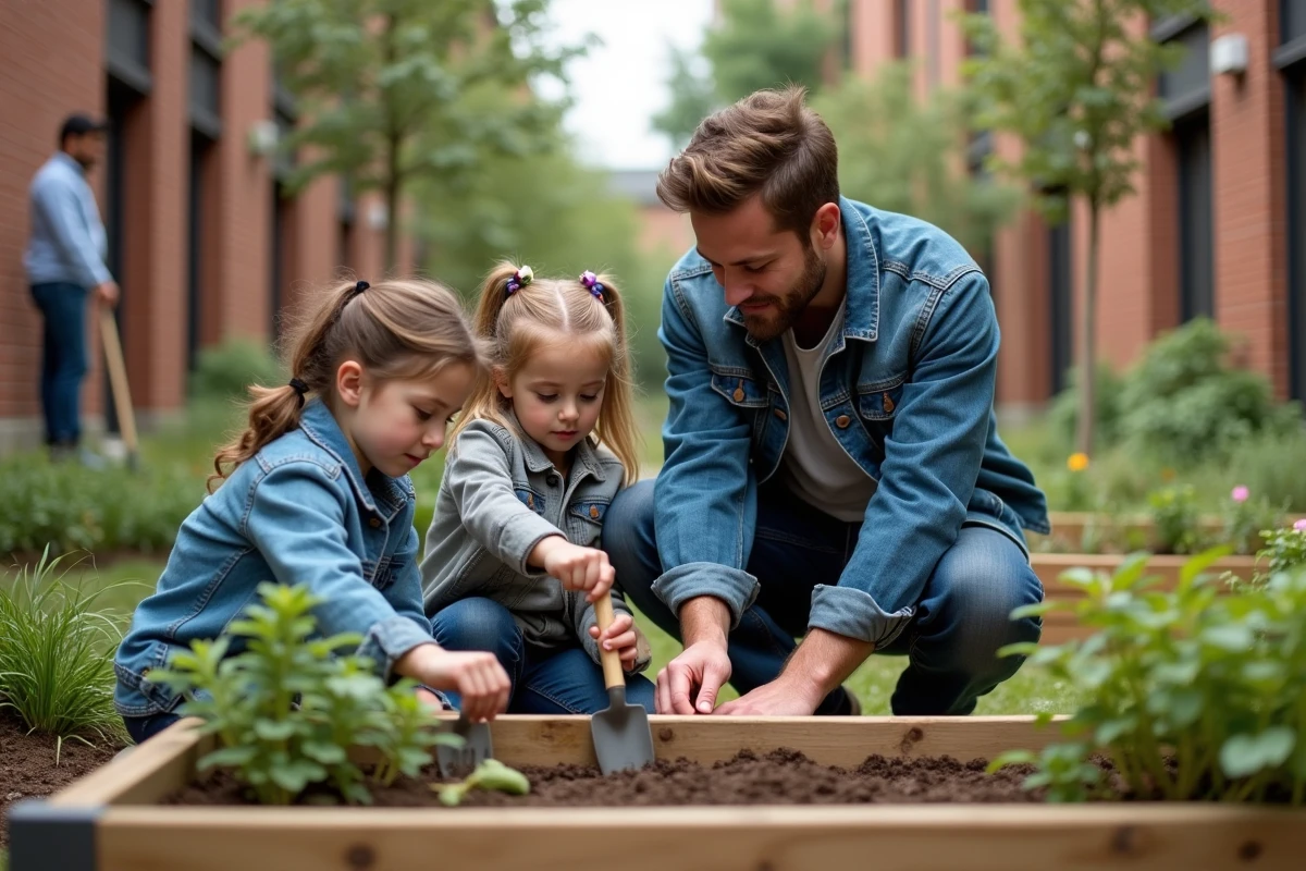 Jeune homme expliquant des astuces de jardinage à deux enfants dans une cour urbaine