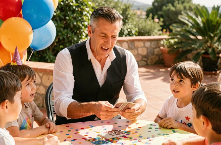Magicien professionnel réalisant un tour de cartes lors d'un anniversaire en plein air à Antibes