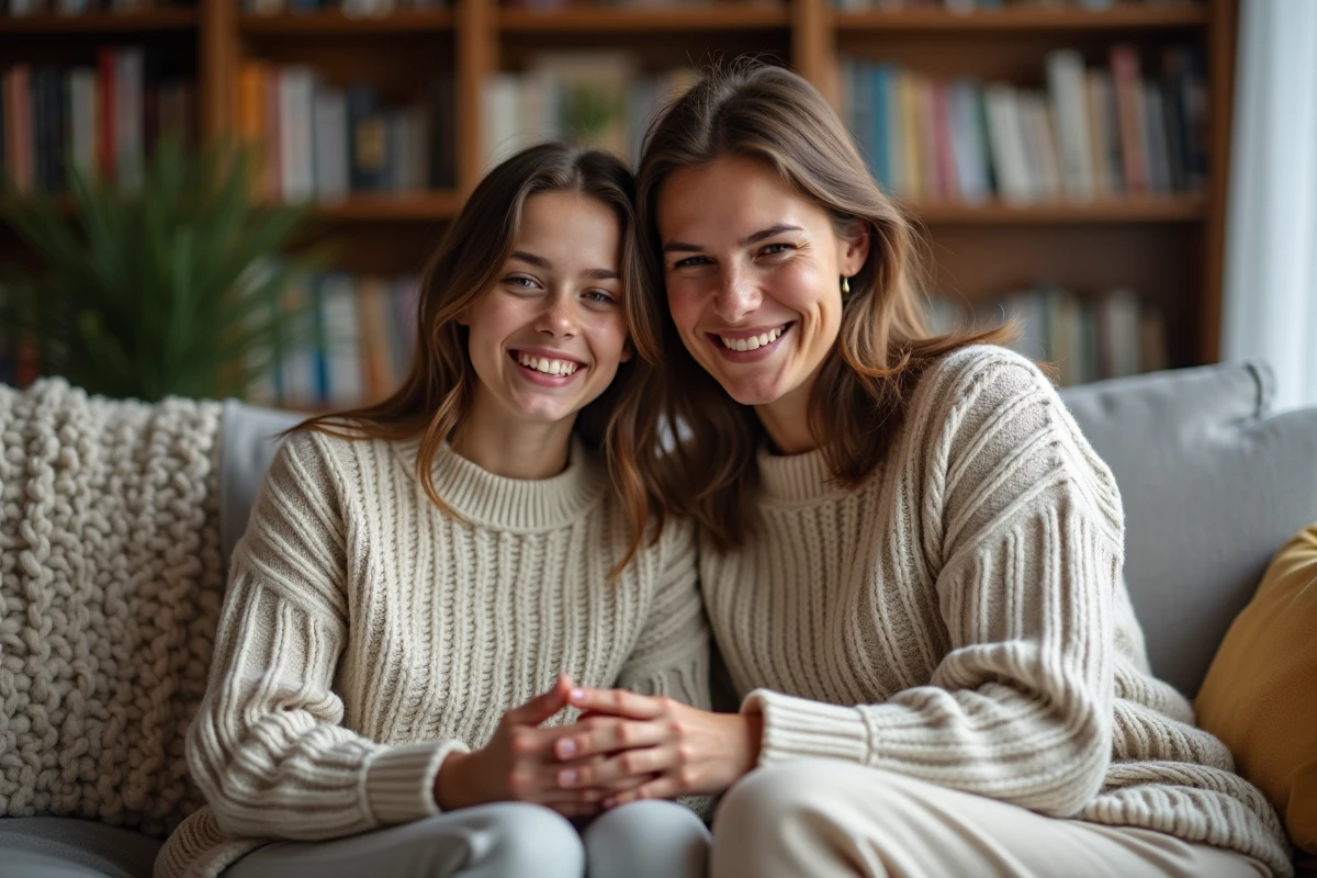 Mère et fille adolescente partageant un moment complice autour d'un jeu de société dans un salon familial