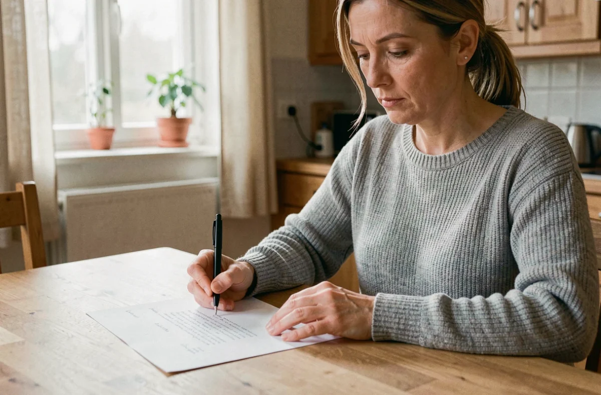 Mère rédigeant une lettre d'absence scolaire à la main sur du papier blanc à la table de sa cuisine en bois