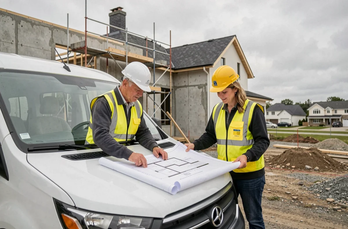 Deux ouvriers du bâtiment consultant des plans architecturaux devant une maison en cours de construction