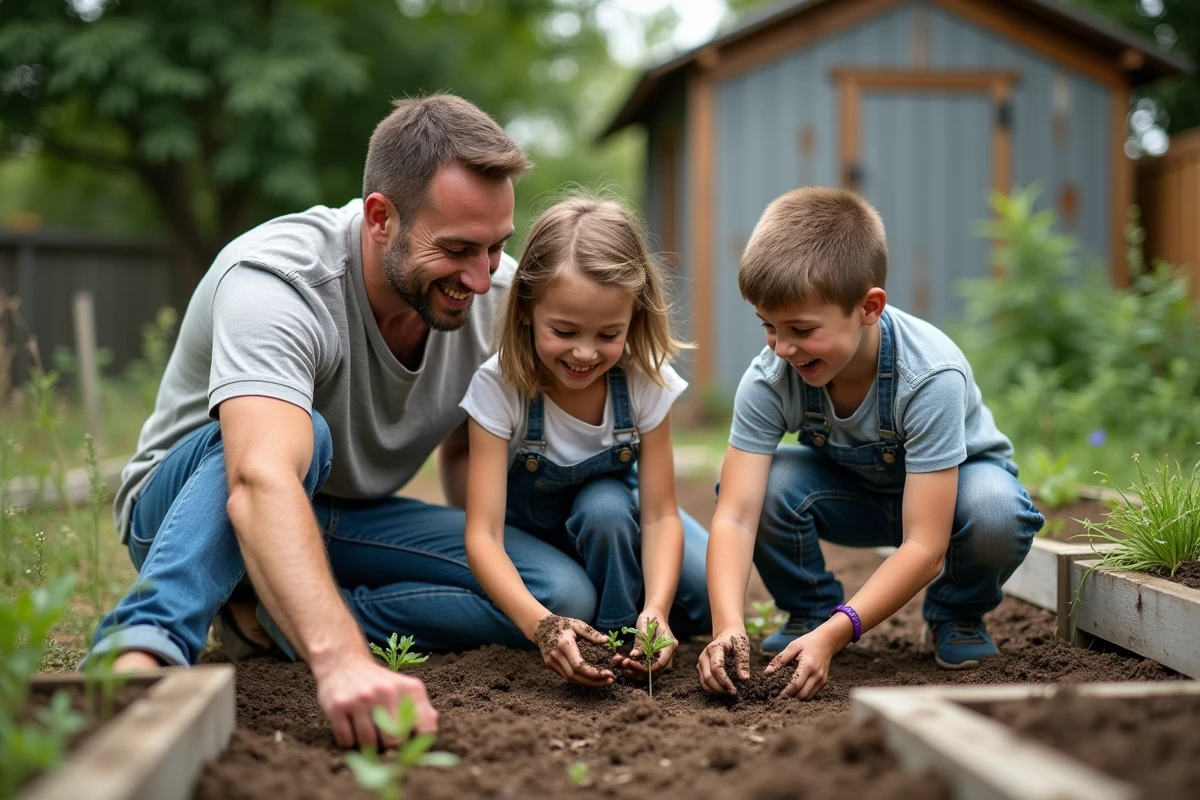 Père et enfants jardinent ensemble dans un potager familial lors d'un week-end ensoleillé