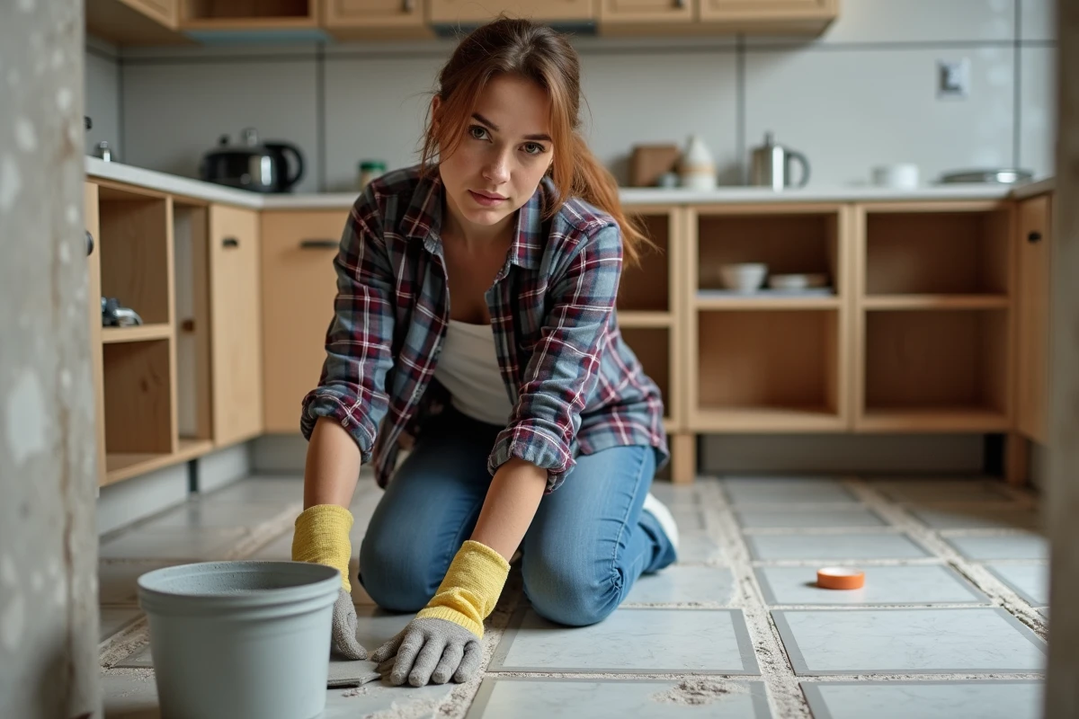 Femme posant du carrelage et jointoyant le sol d'une cuisine en cours de rénovation