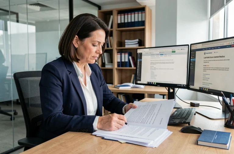 Professionnelle en blazer marine relisant des mentions légales imprimées dans un bureau moderne avec écrans affichant un site web