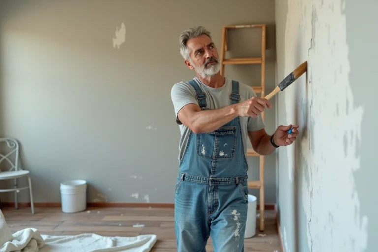 Homme en salopette rénovant un mur intérieur en appliquant de la peinture blanche dans un salon en cours de travaux