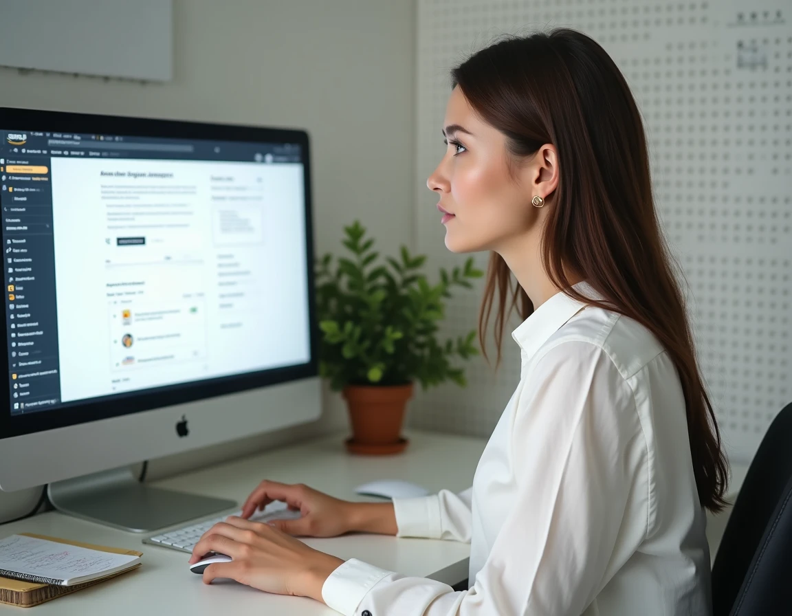 Jeune femme gérant l'annulation de son essai Amazon Prime sur un ordinateur de bureau dans un bureau à domicile