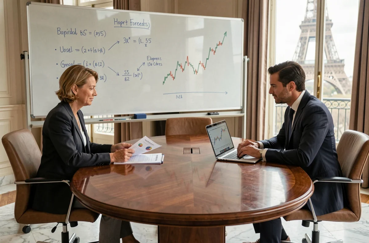 Deux professionnels de la finance examinant des rapports économiques dans une salle de réunion à Paris avec vue sur la Tour Eiffel