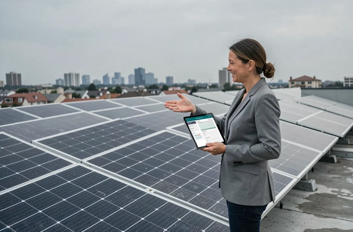 Femme sur un toit résidentiel avec des panneaux solaires et une tablette affichant des données de revente d'électricité