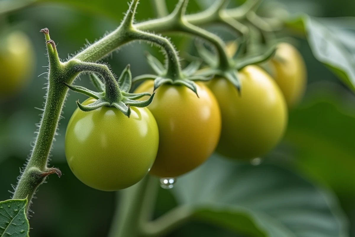 Gros plan sur les différents stades de développement d'un plant de tomate, de la fleur au petit fruit vert