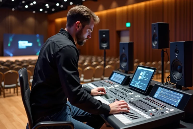 Ingénieur audio ajustant une console lors d'un événement intérieur