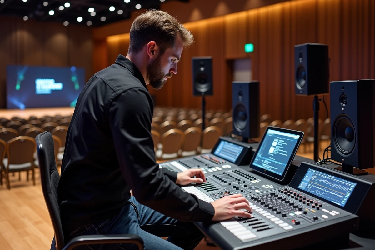 Ingénieur audio ajustant une console lors d'un événement intérieur