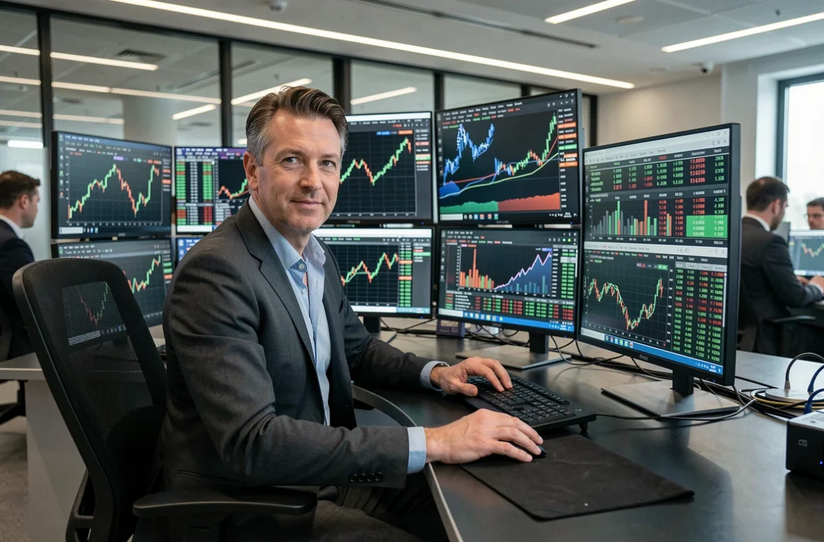 Trader français devant plusieurs écrans affichant des indices boursiers et données financières en temps réel