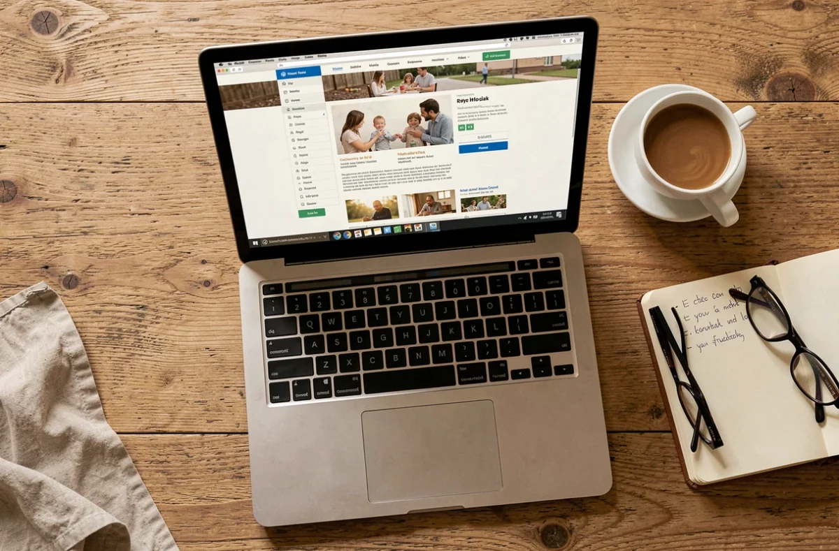 Vue aérienne d'un ordinateur portable ouvert sur la page d'accueil structurée du site Happy Family, posé sur une table en bois avec un carnet de notes