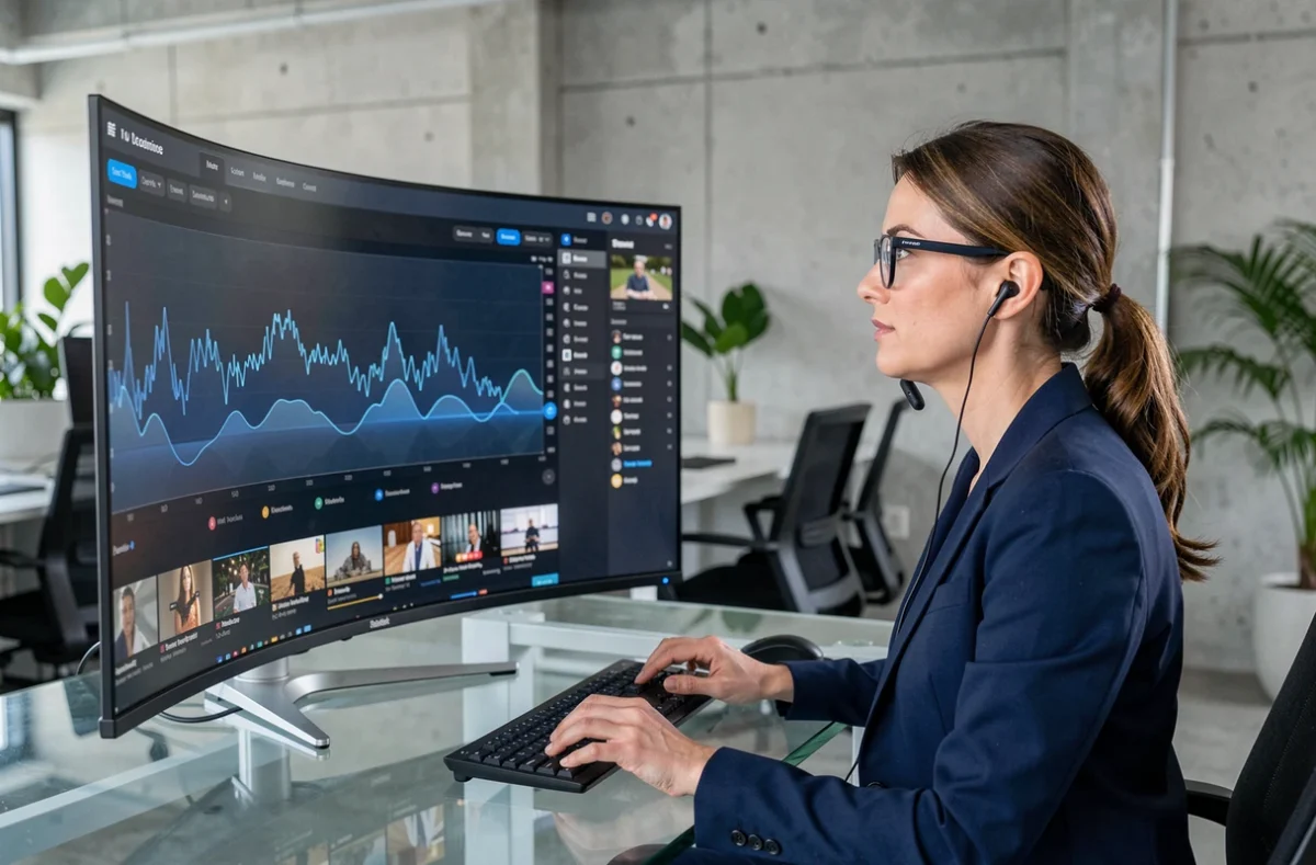 Professionnelle utilisant une plateforme de streaming avancée sur un grand écran incurvé dans un bureau moderne