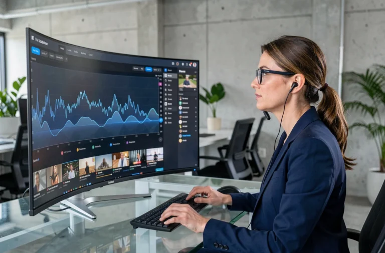 Professionnelle utilisant une plateforme de streaming avancée sur un grand écran incurvé dans un bureau moderne