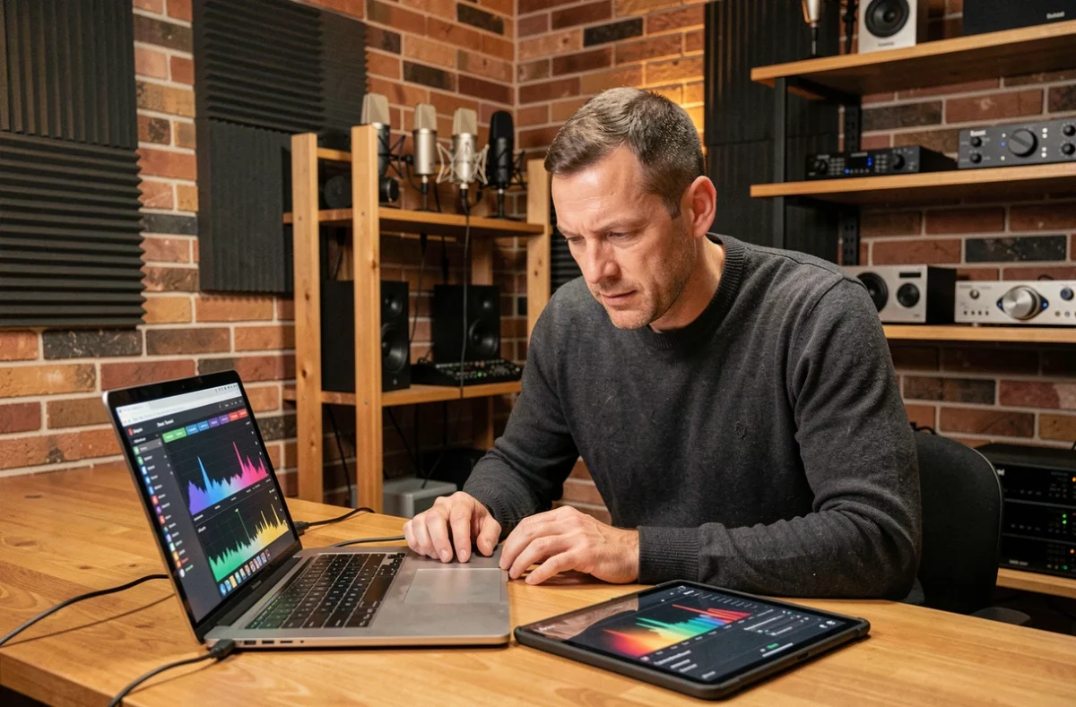 Créateur de contenu professionnel analysant des données de streaming audio-vidéo dans un studio maison acoustique